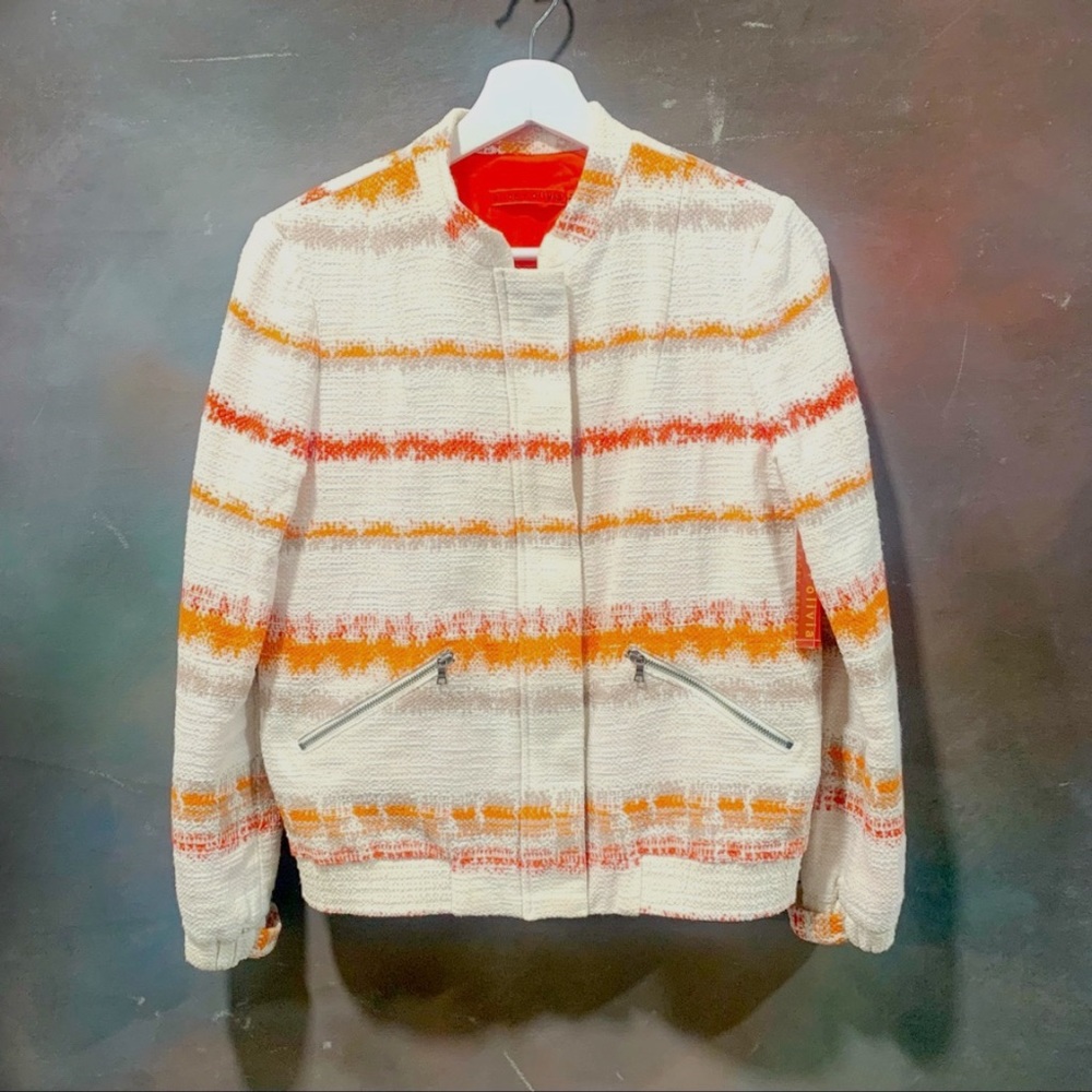 Alice + Olivia Tweed Stripe Jacket Bomber Zip Front Hidden Pocket $484 Size M